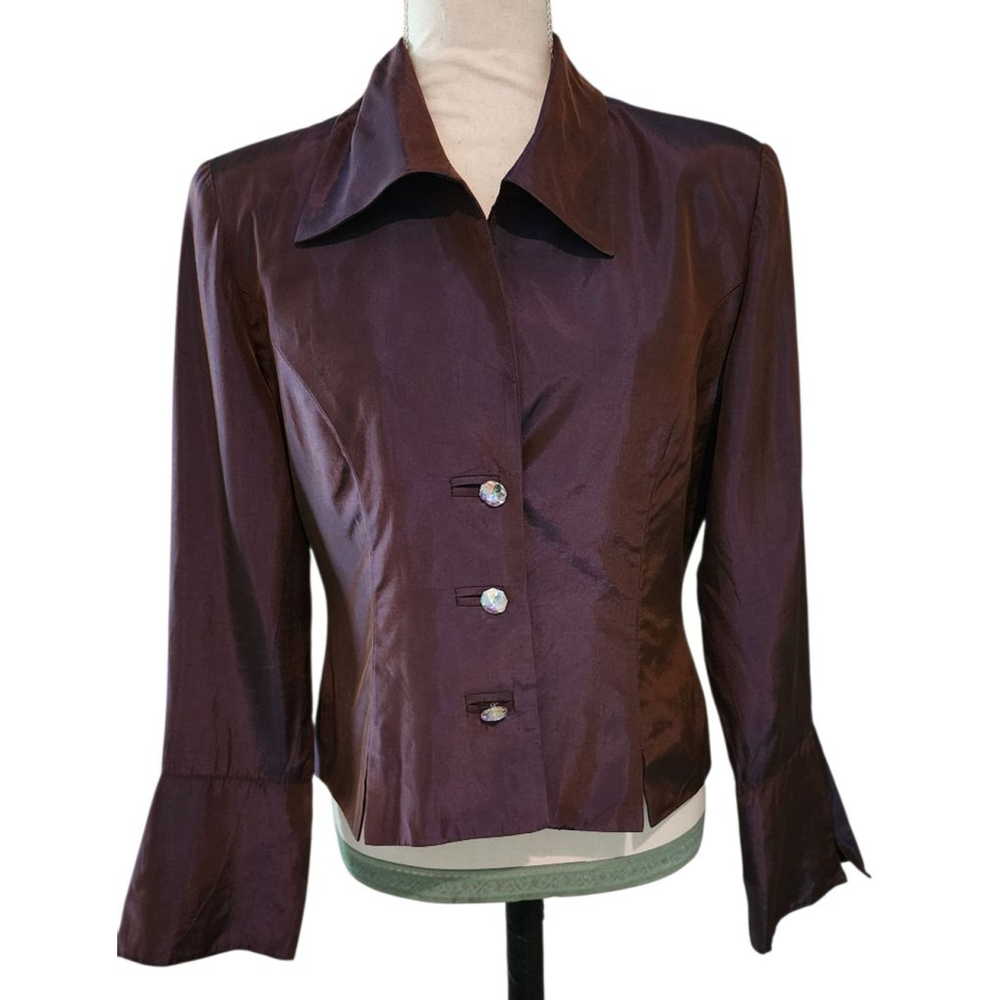 Vintage JS Collections Plum Satin Acetate Blazer Jacket Size 10 Crystal Buttons